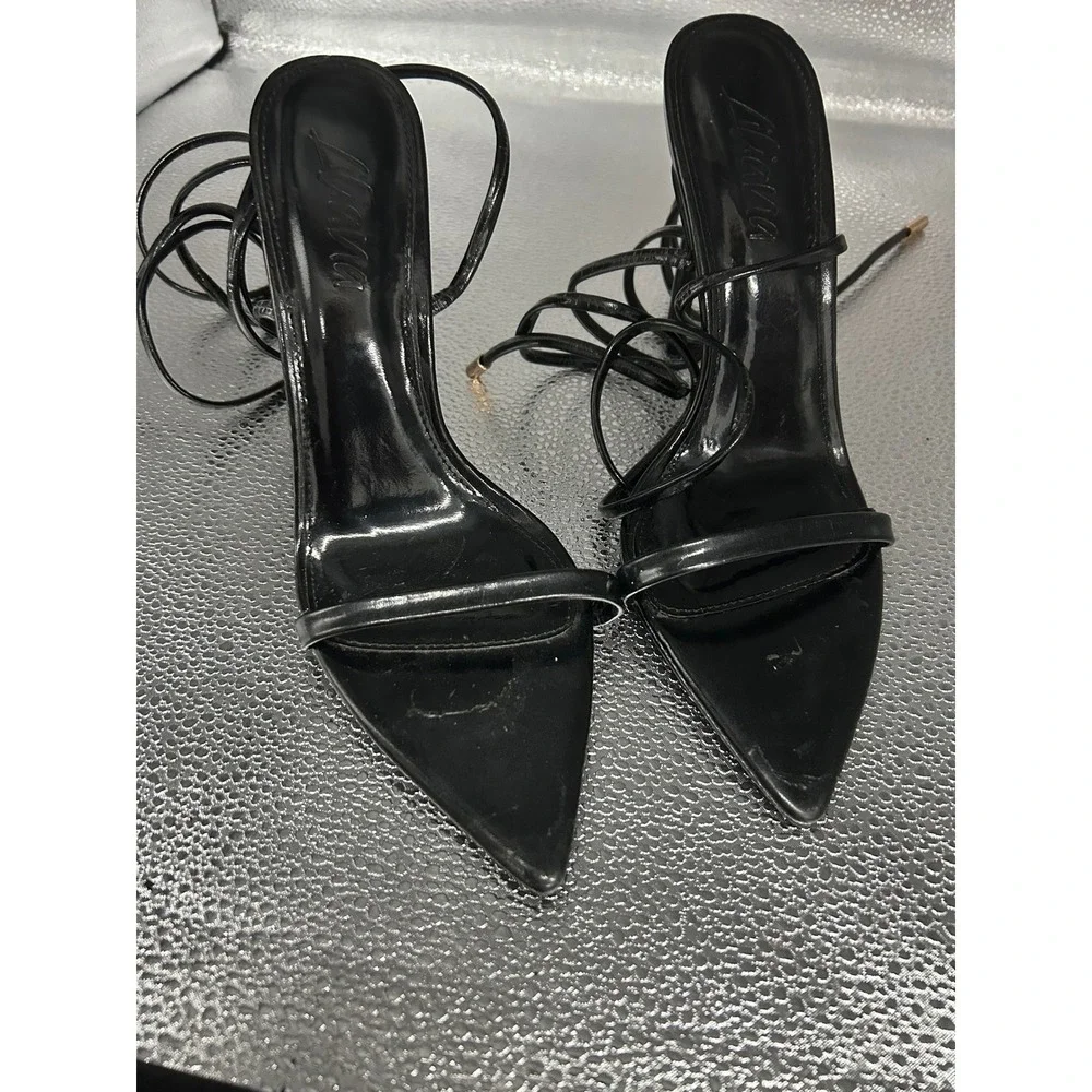 Liana Black Lace‎ Up Stiletto Heels Pointed Toe Wrap Around Sandals Size 38